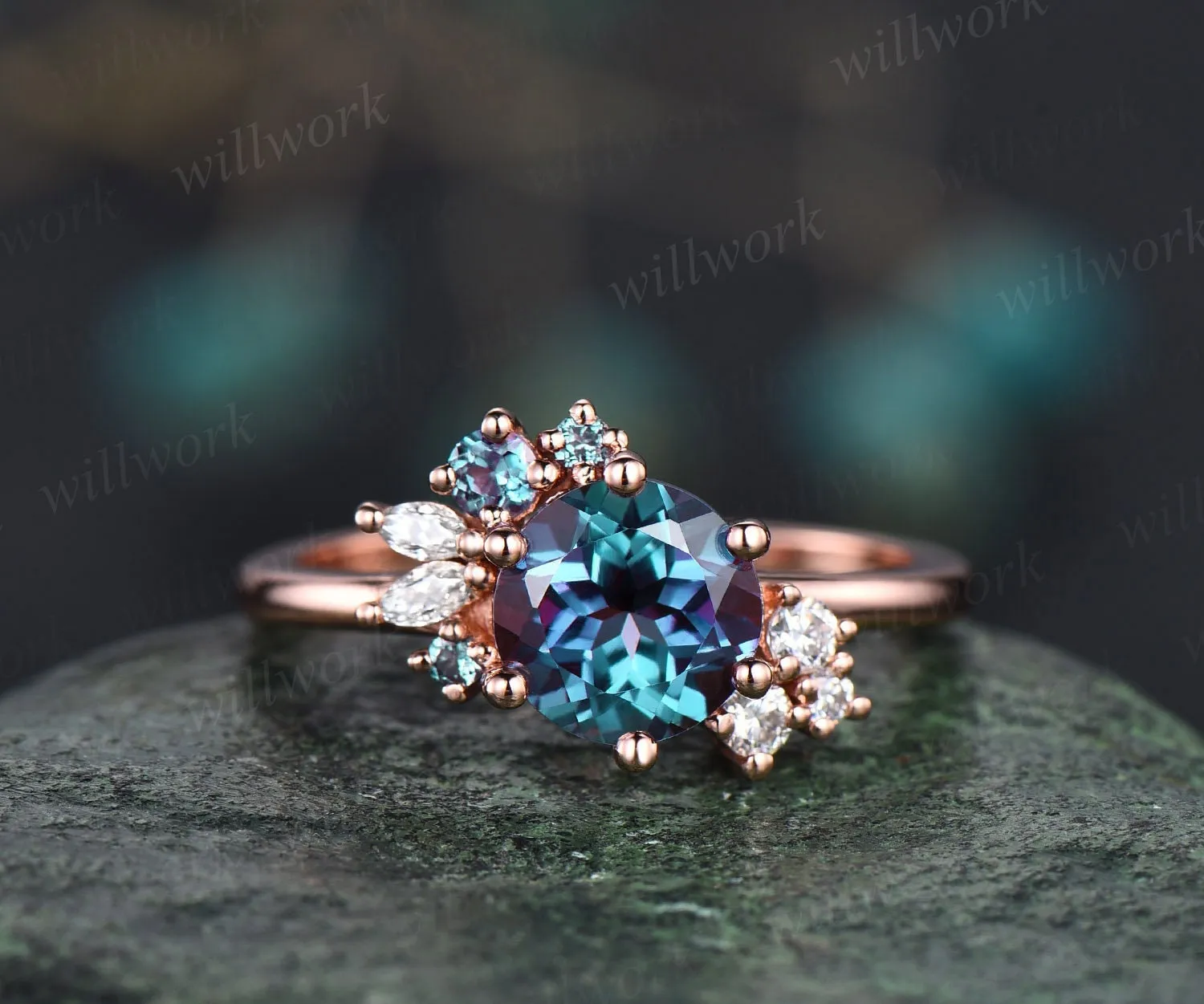 Round cut Alexandrite ring vintage cluster Alexandrite engagement ring rose gold six prong art deco diamond ring unique wedding ring women sold by Willwork Jewelry product image thumbnail 3