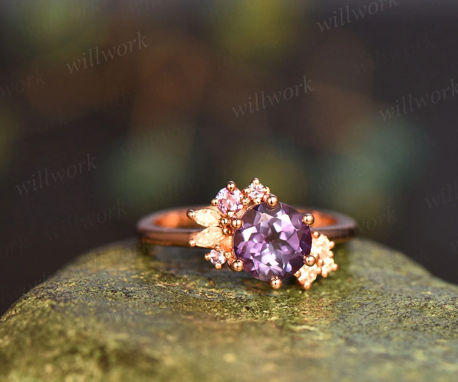 Round cut Alexandrite ring vintage cluster Alexandrite engagement ring rose gold six prong art deco diamond ring unique wedding ring women sold by Willwork Jewelry product image thumbnail 4