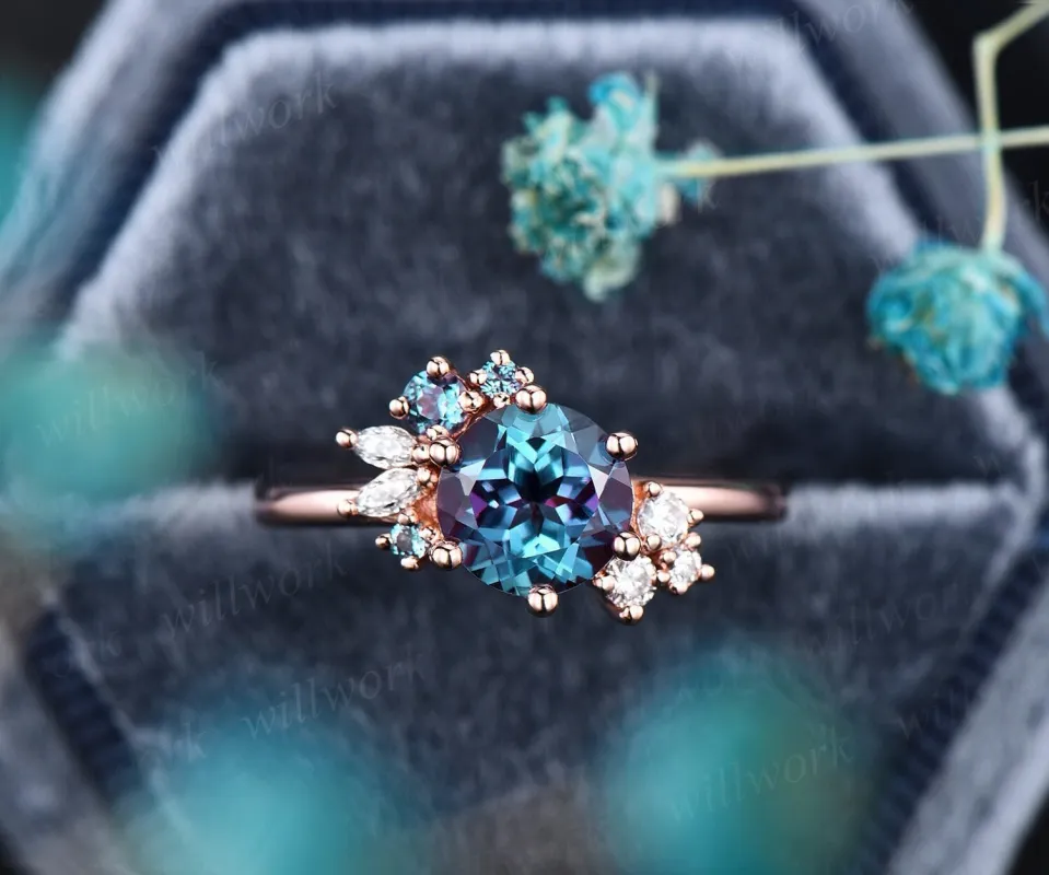 Round cut Alexandrite ring vintage cluster Alexandrite engagement ring rose gold six prong art deco diamond ring unique wedding ring women sold by Willwork Jewelry
