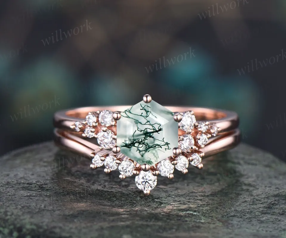 Hexagon cut green moss agate ring gold silver vintage snowdrift engagement ring set alternative unique engagement ring bridal ring set women sold by Willwork Jewelry
