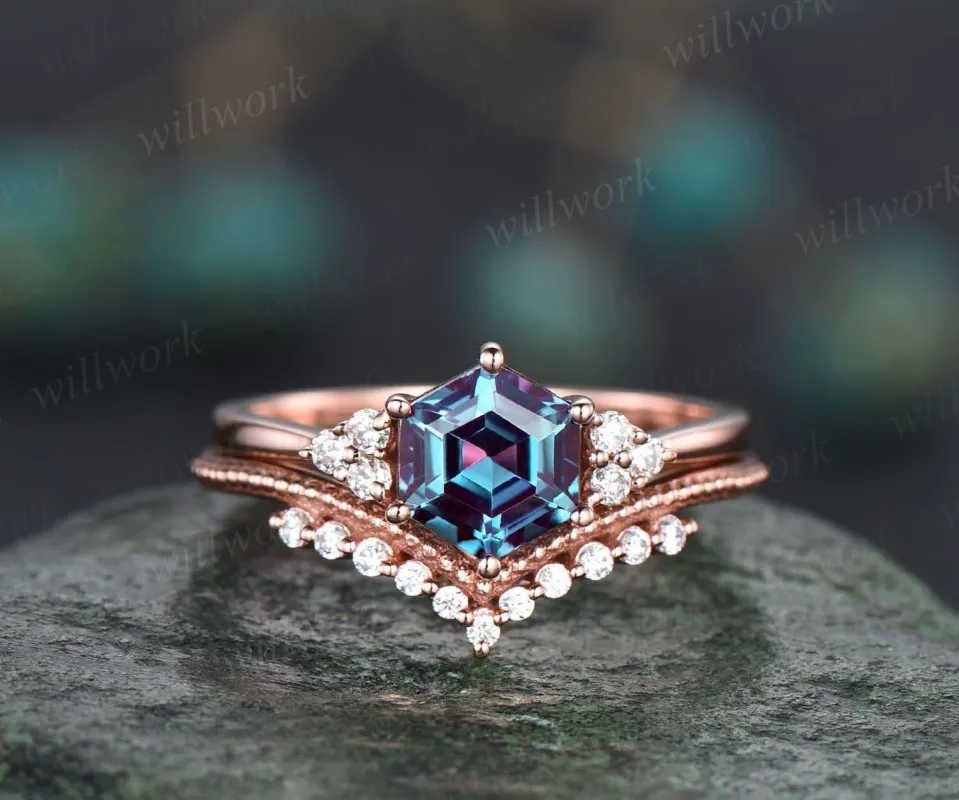 Unique alexandrite engagement ring set hexagon shaped ring vintage dainty diamond ring set rose gold six prong wedding ring set for women sold by Willwork Jewelry