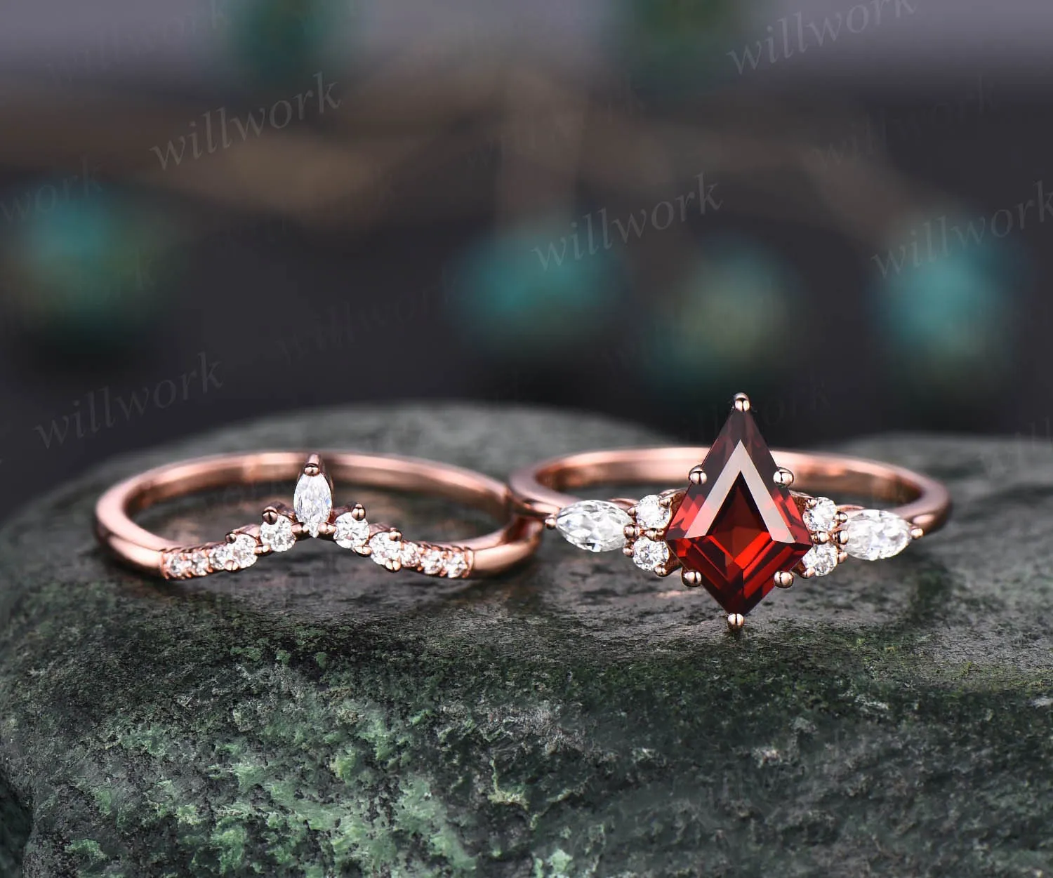 Vintage kite cut red garnet engagement ring set rose gold unique engagement ring marquise cut moissanite ring for women anniversary ring set sold by Willwork Jewelry product image thumbnail 2