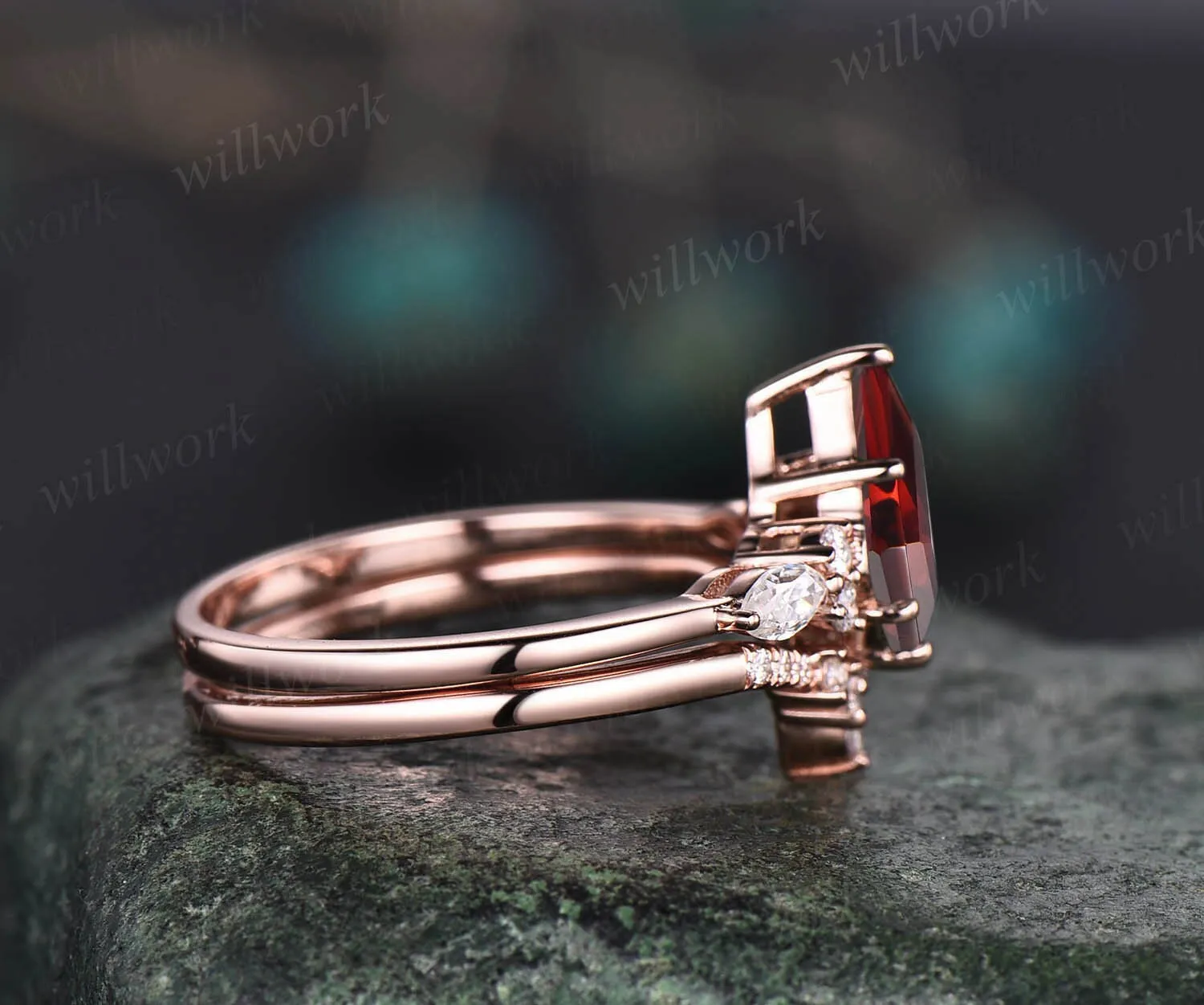 Vintage kite cut red garnet engagement ring set rose gold unique engagement ring marquise cut moissanite ring for women anniversary ring set sold by Willwork Jewelry product image thumbnail 4