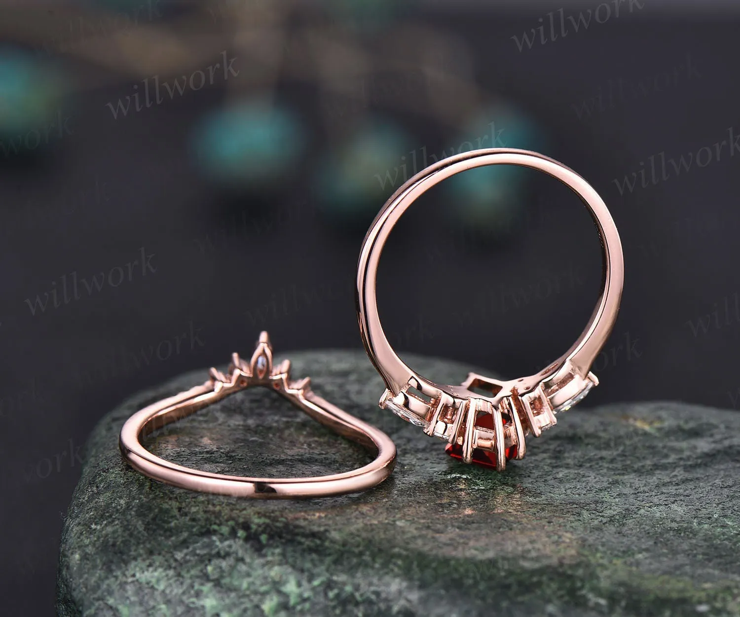 Vintage kite cut red garnet engagement ring set rose gold unique engagement ring marquise cut moissanite ring for women anniversary ring set sold by Willwork Jewelry product image thumbnail 5