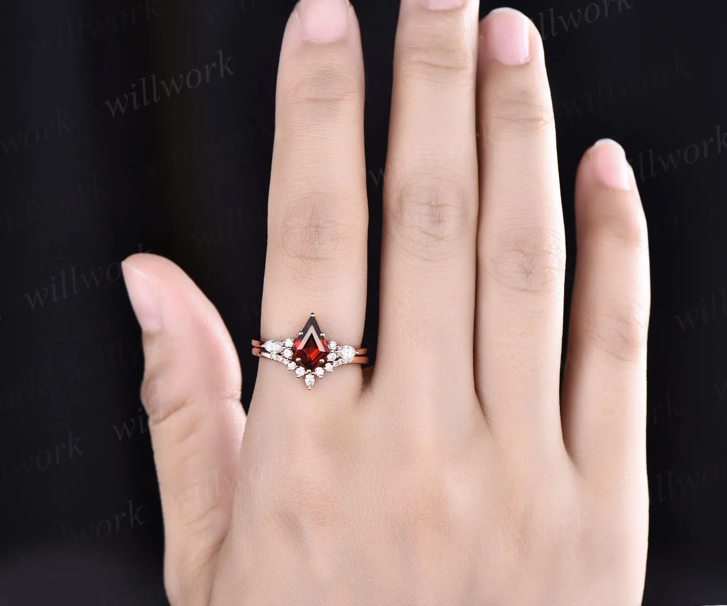 Vintage kite cut red garnet engagement ring set rose gold unique engagement ring marquise cut moissanite ring for women anniversary ring set sold by Willwork Jewelry product image thumbnail 3