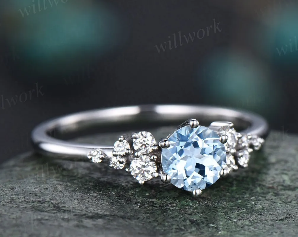 Dainty round aquamarine ring gold vintage aquamarine engagement ring white gold unique snowdrift engagement ring diamond ring women gifts made by Willwork Jewelry