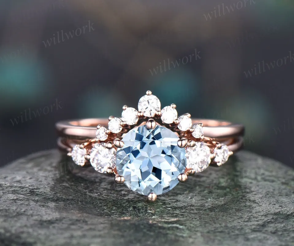 Vintage unique aquamarine engagement ring set round cut ring rose gold five stone moissanite wedding ring set women March birthstone ring sold by Willwork Jewelry