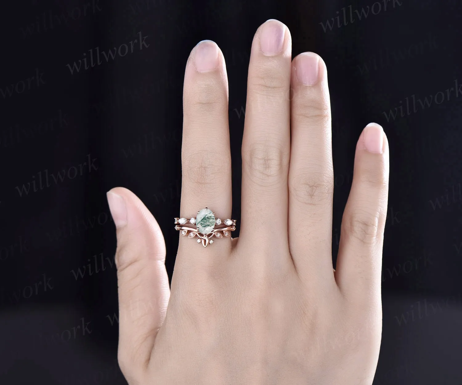 Oval moss agate ring set gold silver Vintage green moss agate engagement ring set rose gold art deco unique engagement ring diamond ring 14k sold by Willwork Jewelry product image thumbnail 2