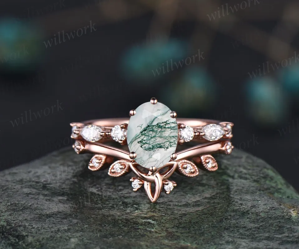 Oval moss agate ring set gold silver Vintage green moss agate engagement ring set rose gold art deco unique engagement ring diamond ring 14k sold by Willwork Jewelry