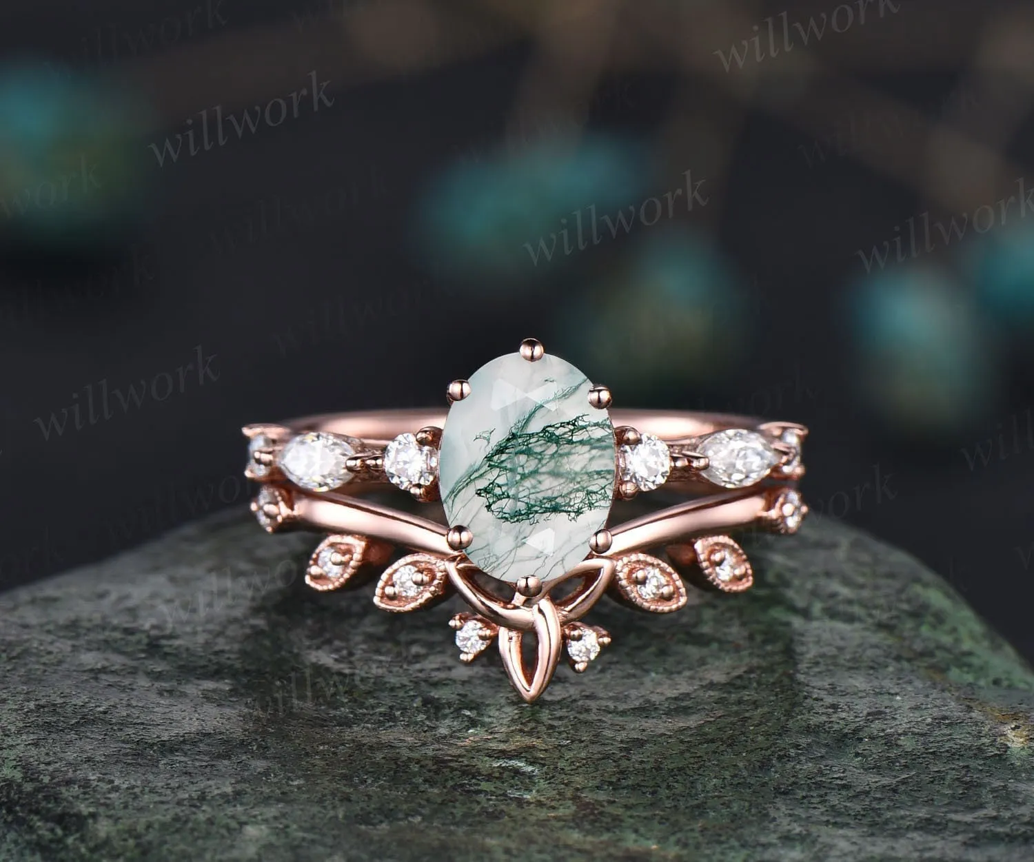 Oval moss agate ring set gold silver Vintage green moss agate engagement ring set rose gold art deco unique engagement ring diamond ring 14k sold by Willwork Jewelry