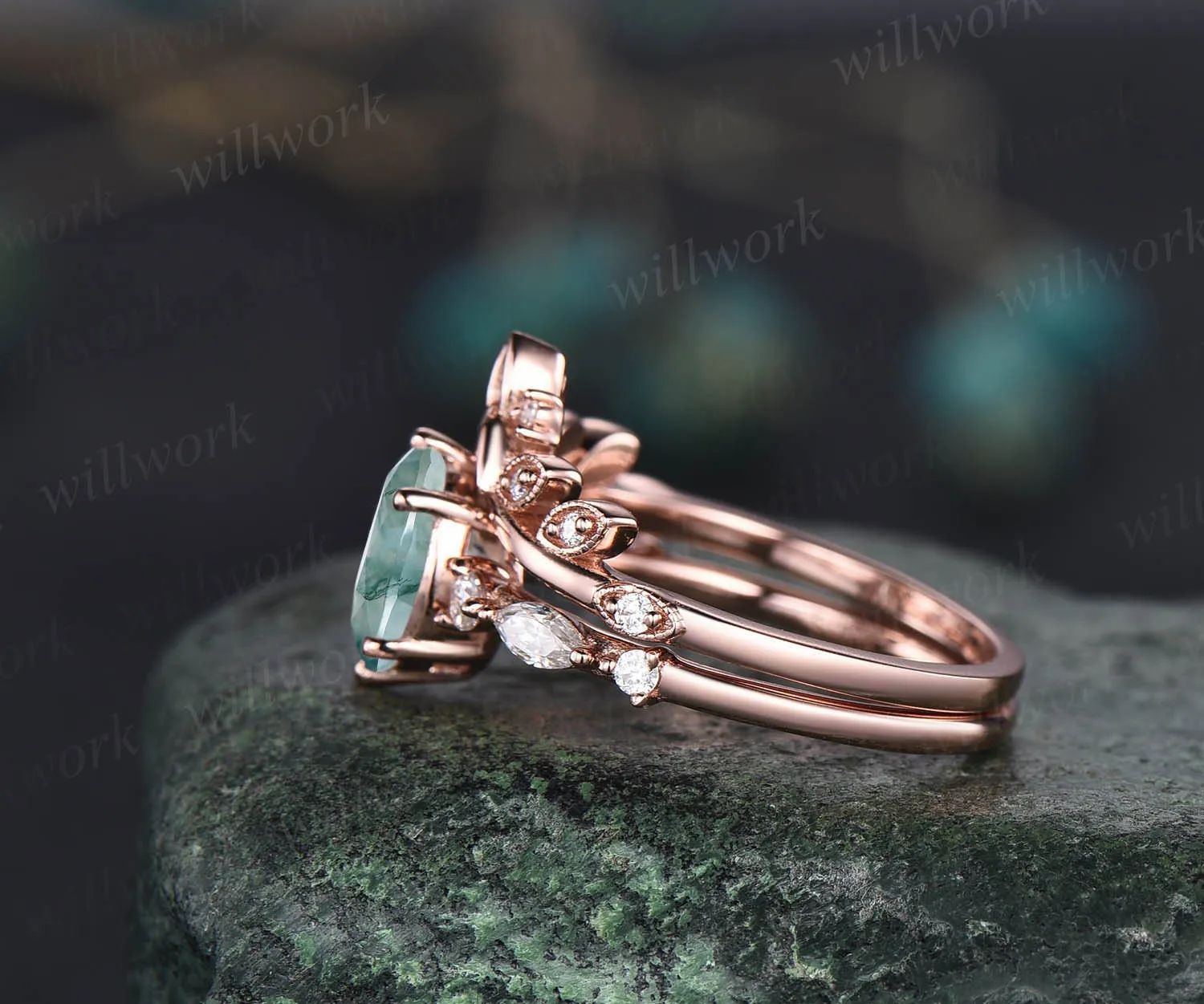 Oval moss agate ring set gold silver Vintage green moss agate engagement ring set rose gold art deco unique engagement ring diamond ring 14k sold by Willwork Jewelry product image thumbnail 5