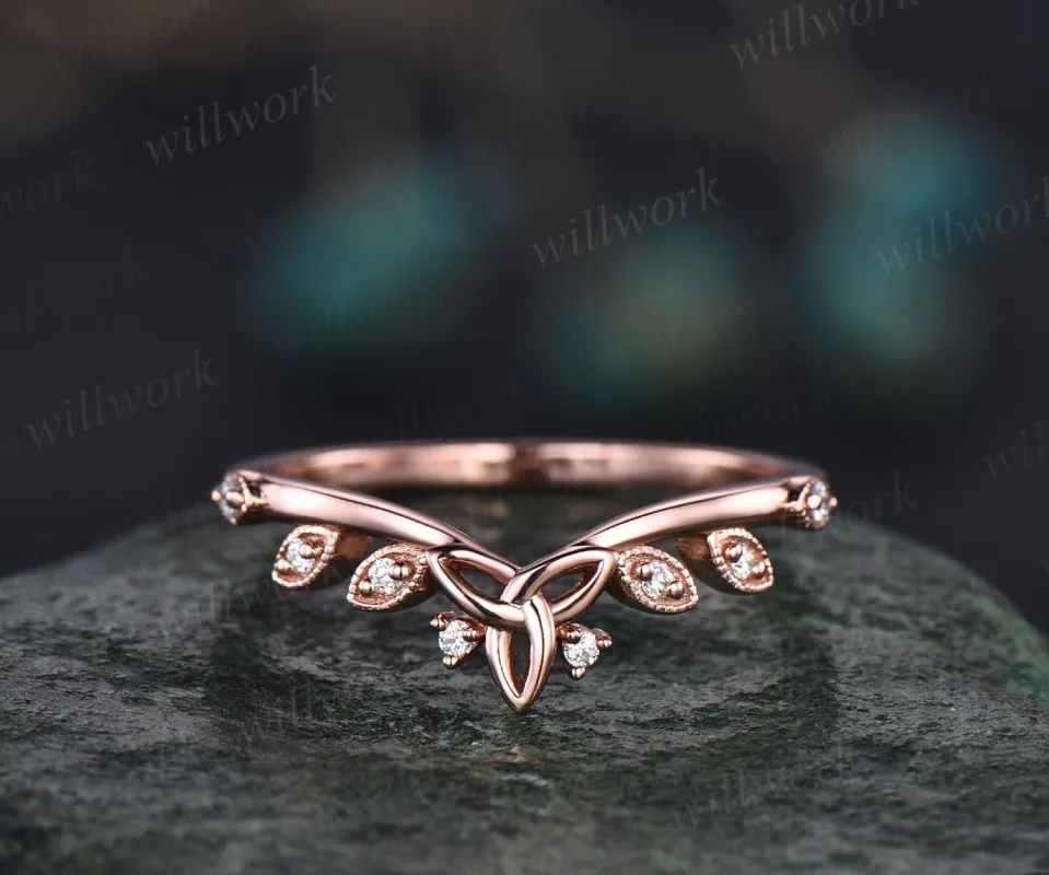 Unique milgrain diamond wedding band 14k rose gold art deco moissanite wedding ring band for women stacking ring norse viking ring Jewelry sold by Willwork Jewelry