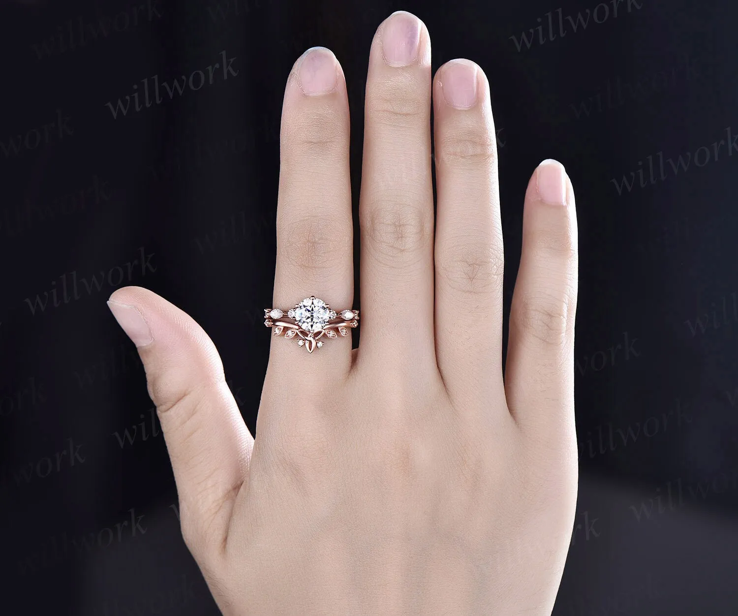 Round cut moissanite ring gold silver vintage unique moissanite engagement ring set art deco marquise cut diamond bridal ring set for women sold by Willwork Jewelry product image thumbnail 2