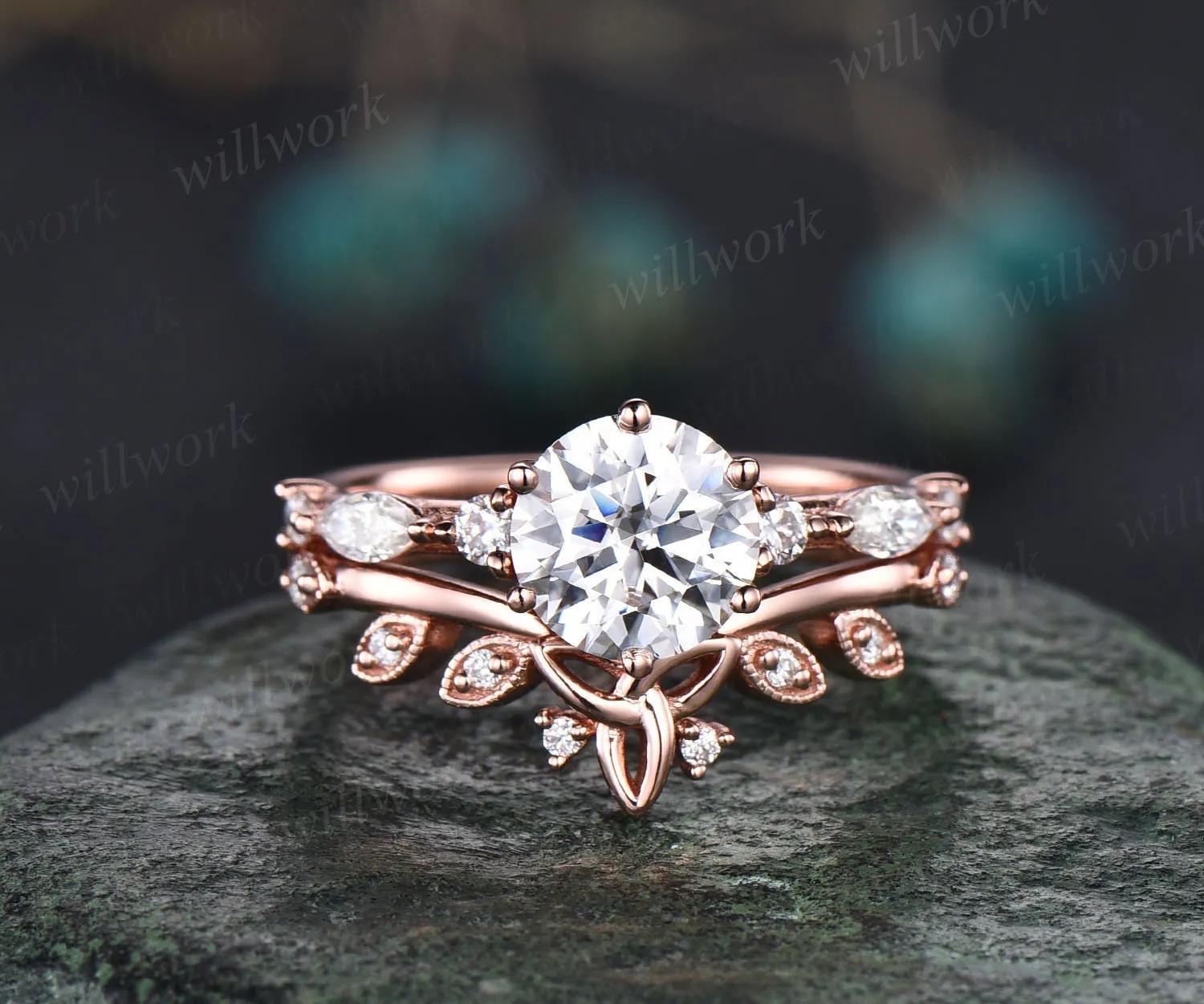 Round cut moissanite ring gold silver vintage unique moissanite engagement ring set art deco marquise cut diamond bridal ring set for women sold by Willwork Jewelry product image thumbnail 3