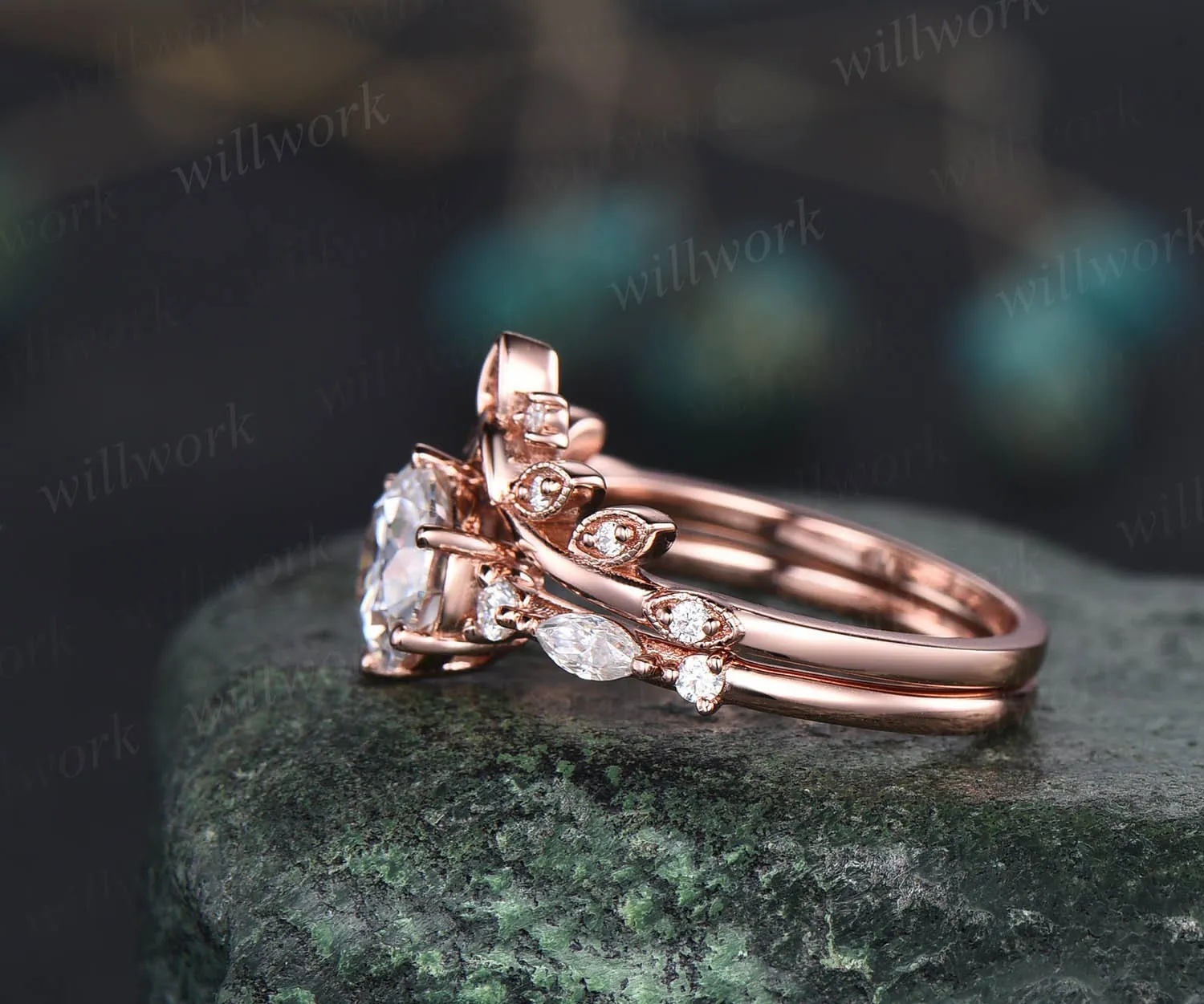 Round cut moissanite ring gold silver vintage unique moissanite engagement ring set art deco marquise cut diamond bridal ring set for women sold by Willwork Jewelry product image thumbnail 5