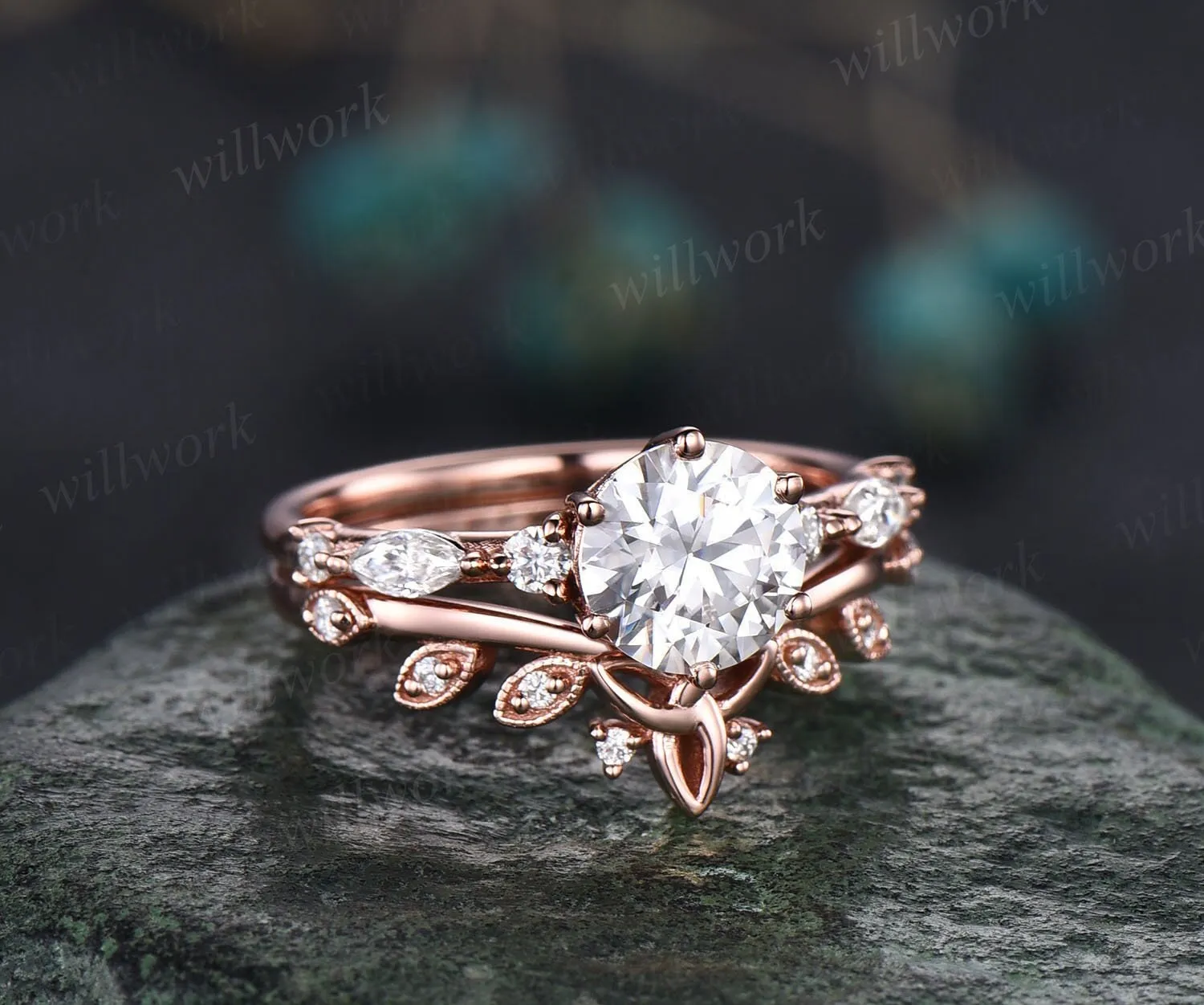 Round cut moissanite ring gold silver vintage unique moissanite engagement ring set art deco marquise cut diamond bridal ring set for women sold by Willwork Jewelry