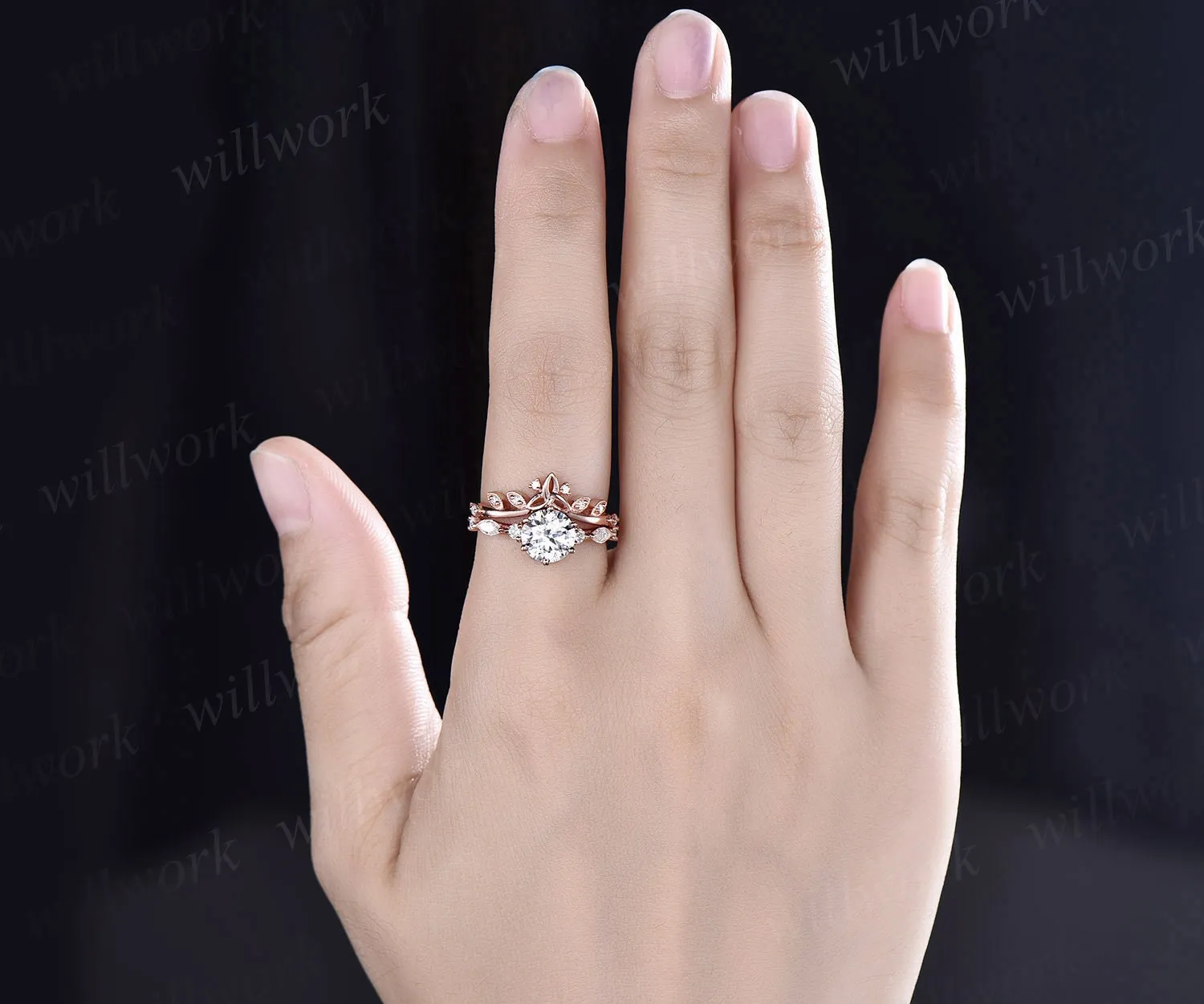 Round cut moissanite ring gold silver vintage unique moissanite engagement ring set art deco marquise cut diamond bridal ring set for women sold by Willwork Jewelry product image thumbnail 4