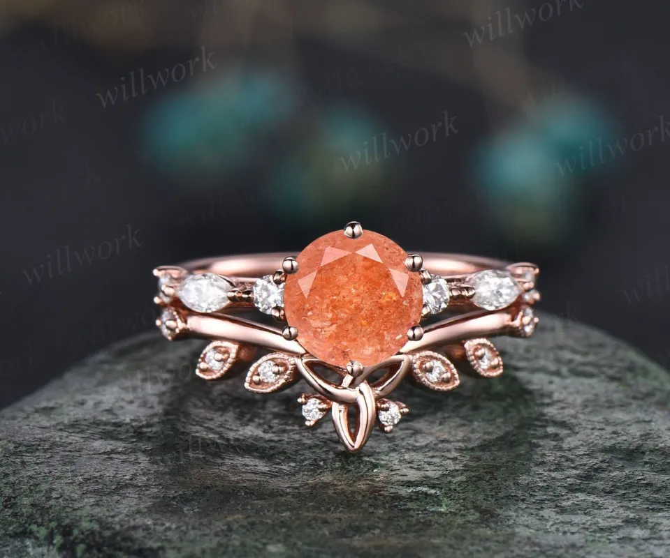 Round cut orange sunstone ring gold silver vintage unique natural sunstone engagement ring set art deco diamond wedding ring set women gifts sold by Willwork Jewelry