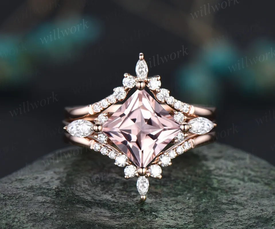 Vintage princess cut morganite engagement ring set rose gold unique engagement ring art deco moissanite promise wedding ring set for women made by Willwork Jewelry