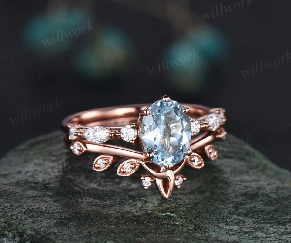 Oval aquamarine engagement ring set rose gold vintage art deco Alternative unique engagement ring marquise diamond wedding ring set women made by Willwork Jewelry