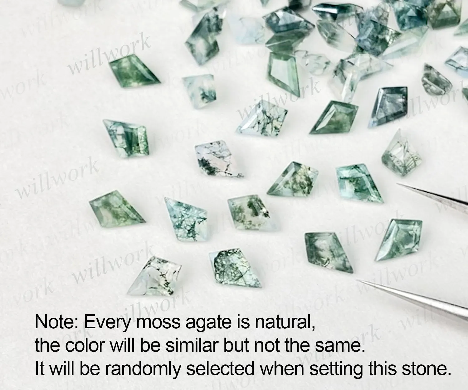 Kite cut moss agate ring gold silver vintage art deco unique green moss agate engagement ring set Milgrain moissanite bridal ring set women sold by Willwork Jewelry product image thumbnail 3