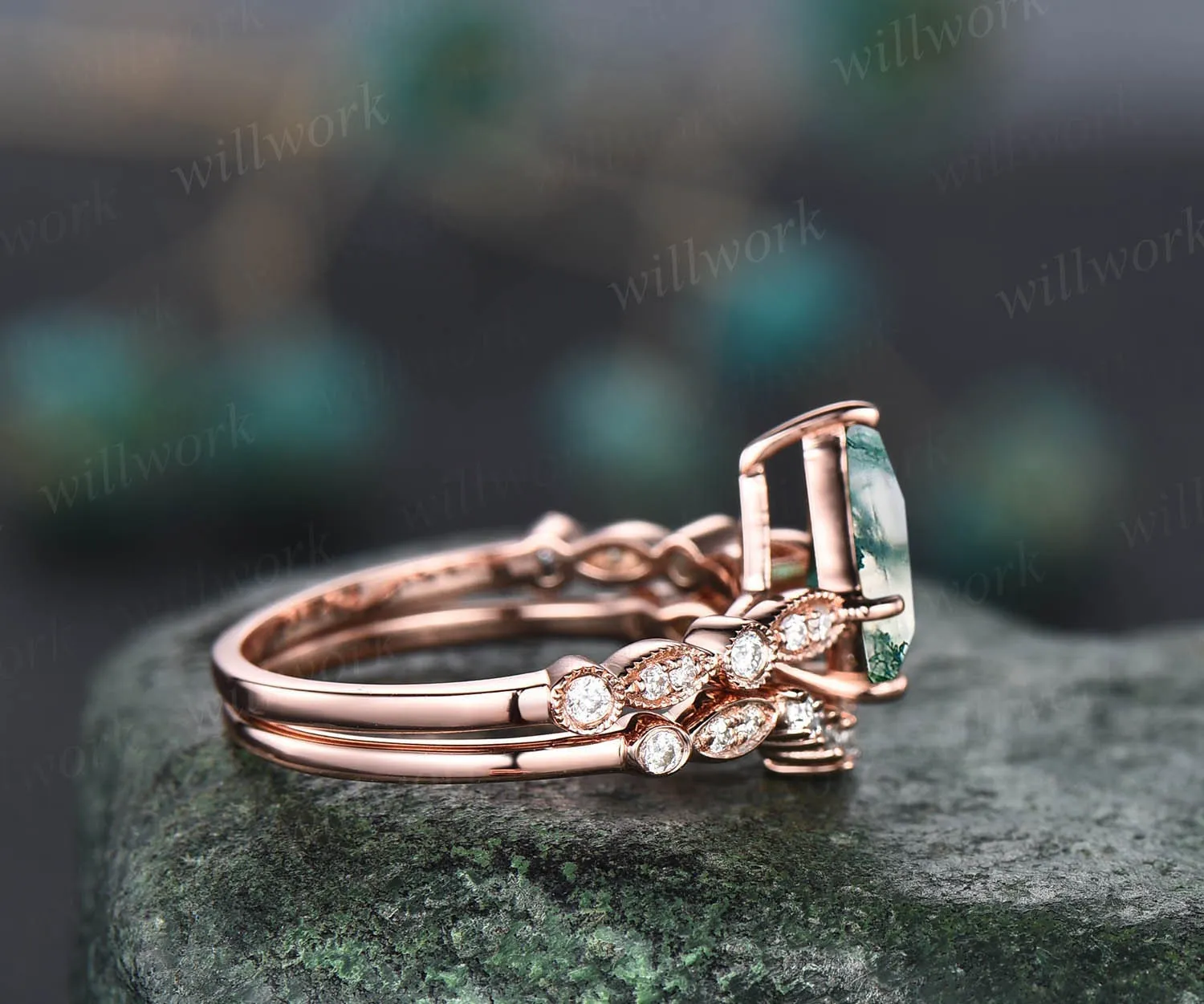 Kite cut moss agate ring gold silver vintage art deco unique green moss agate engagement ring set Milgrain moissanite bridal ring set women sold by Willwork Jewelry product image thumbnail 5