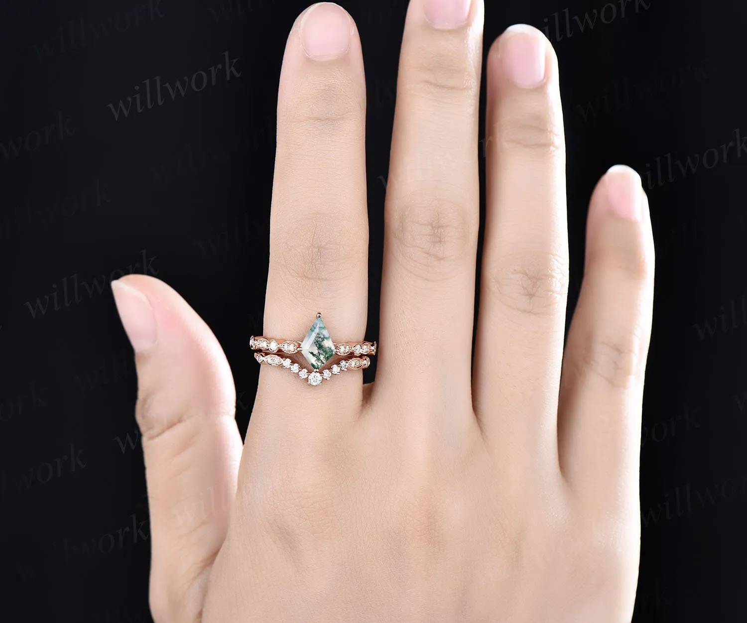 Kite cut moss agate ring gold silver vintage art deco unique green moss agate engagement ring set Milgrain moissanite bridal ring set women sold by Willwork Jewelry product image thumbnail 2