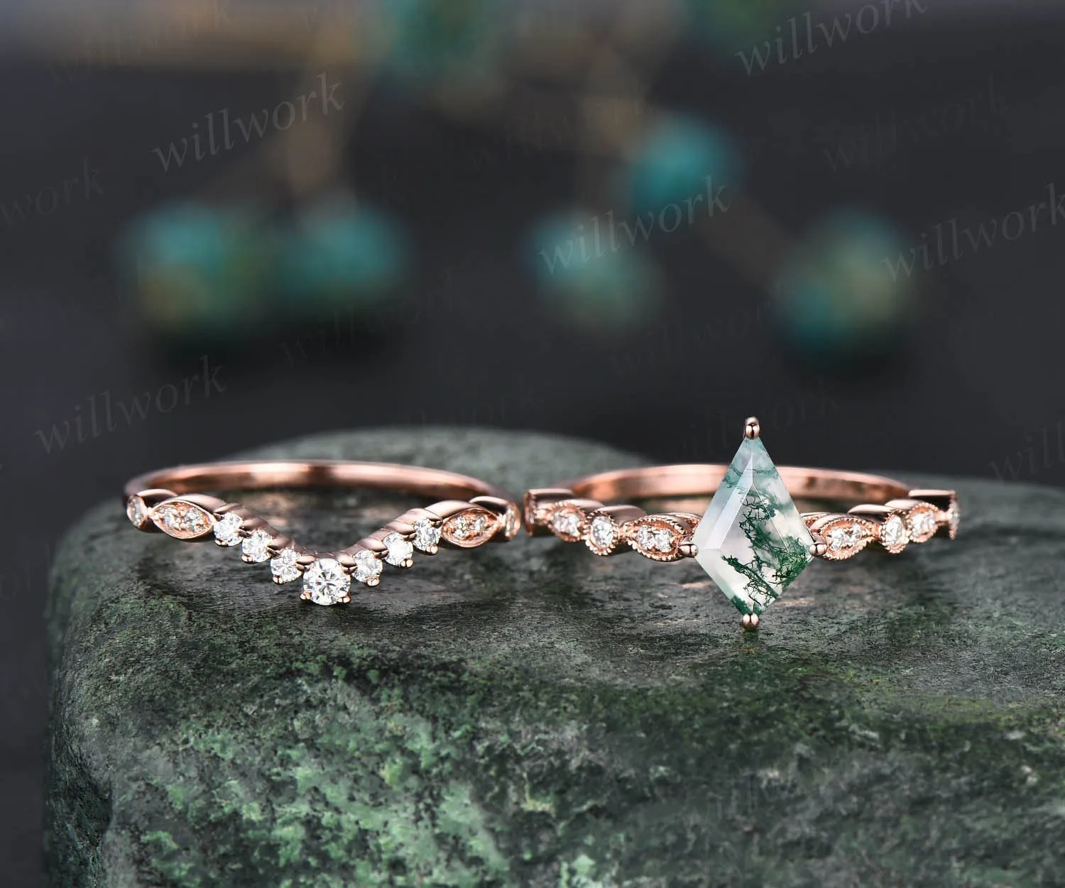 Kite cut moss agate ring gold silver vintage art deco unique green moss agate engagement ring set Milgrain moissanite bridal ring set women sold by Willwork Jewelry product image thumbnail 4