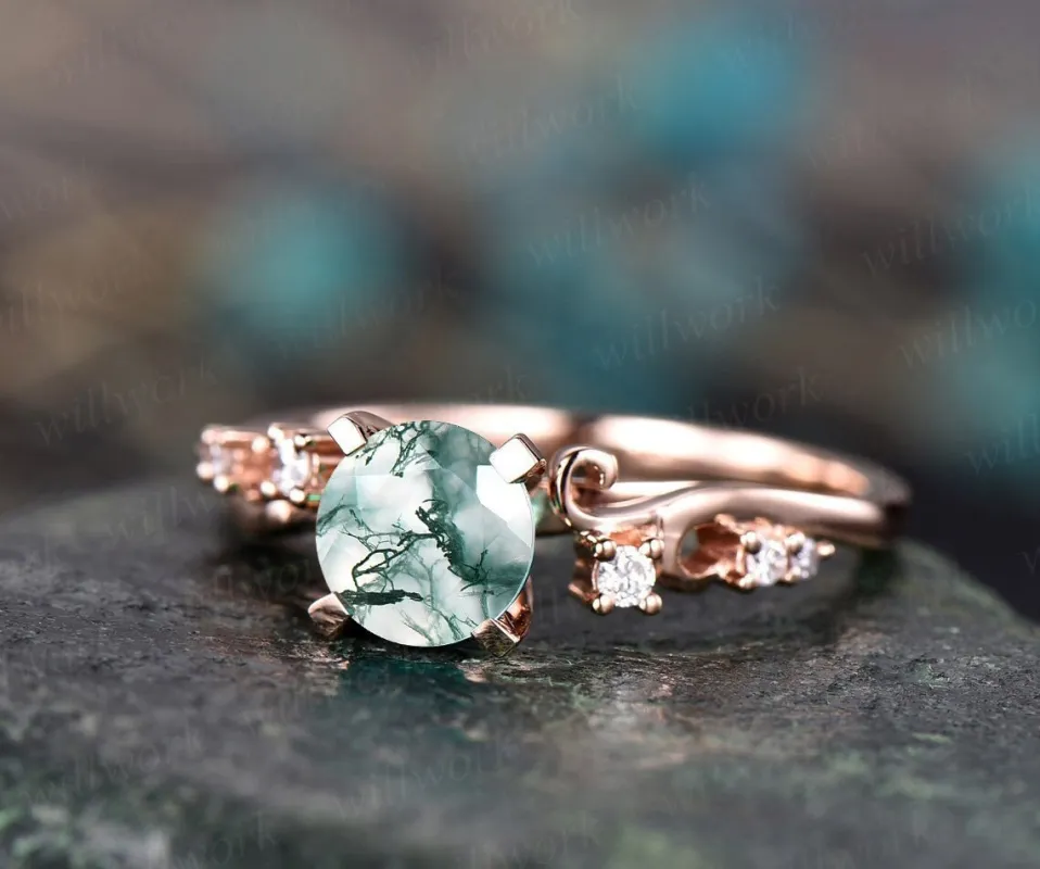 Round cut moss agate ring gold silver vintage style unique green moss agate engagement ring antique diamond ring bridal wedding ring women sold by Willwork Jewelry