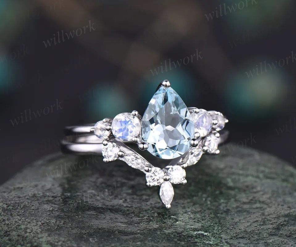 Pear shaped aquamarine ring gold silver vintage unique aquamarine engagement ring set five stone moonstone ring women March birthstone ring sold by Willwork Jewelry