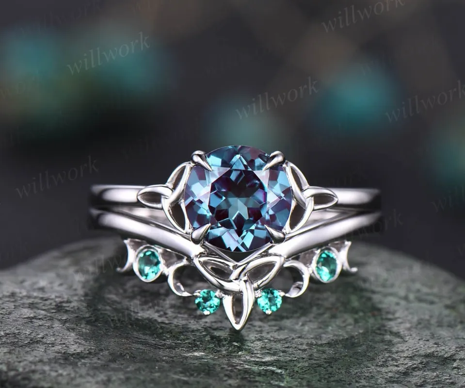 Round cut Alexandrite ring white gold silver vintage unique solitaire engagement ring set moon Norse Viking emerald ring for women jewelry sold by Willwork Jewelry