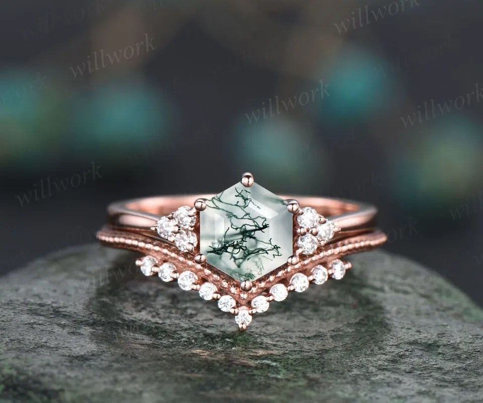 Hexagon cut green moss agate ring rose gold silver vintage unique engagement ring set six prong dainty moissanite bridal ring set for women sold by Willwork Jewelry