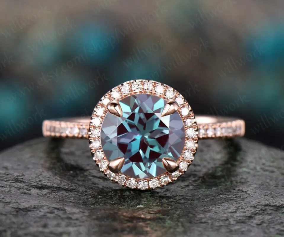 Diamond halo ring unique Alexandrite engagement ring rose gold 8mm round cut Alexandrite ring vintage June birthstone ring anniversary ring sold by Willwork Jewelry