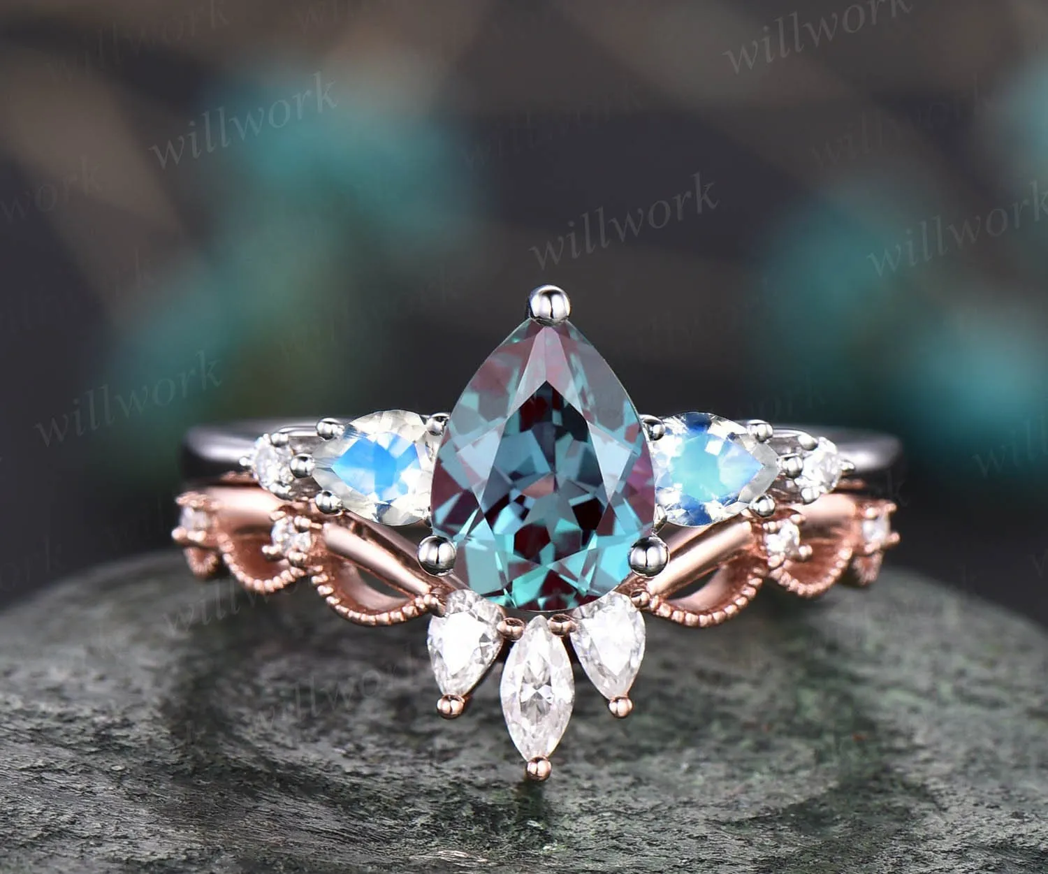 Pear shaped moonstone Alexandrite engagement ring set vintage minimalist unique engagement ring antique crown moissanite ring gold for women sold by Willwork Jewelry