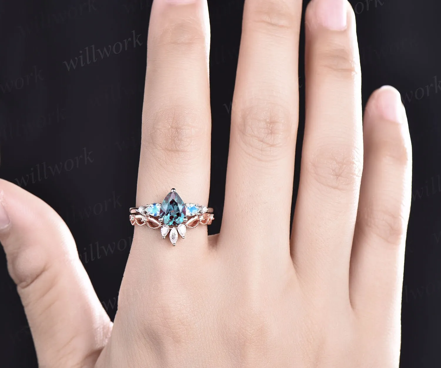 Pear shaped moonstone Alexandrite engagement ring set vintage minimalist unique engagement ring antique crown moissanite ring gold for women sold by Willwork Jewelry product image thumbnail 2