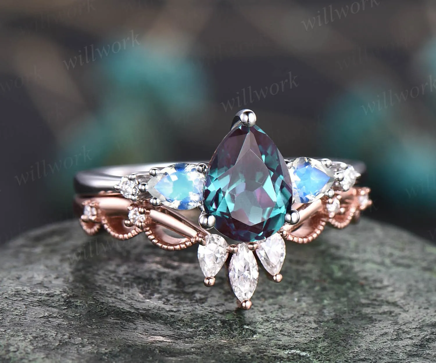 Pear shaped moonstone Alexandrite engagement ring set vintage minimalist unique engagement ring antique crown moissanite ring gold for women sold by Willwork Jewelry product image thumbnail 3