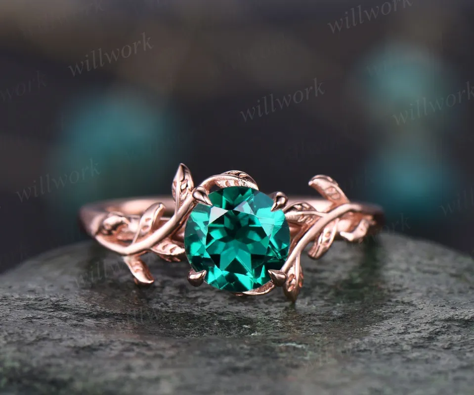 Emerald ring vintage emerald engagement ring rose gold solitaire ring art deco leaf flower ring unique antique wedding promise ring for her sold by Willwork Jewelry