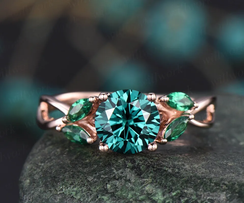 Marquise emerald ring vintage unique 1ct green moissanite engagement ring rose gold Colorful moissanite ring art deco ring antique jewelry sold by Willwork Jewelry