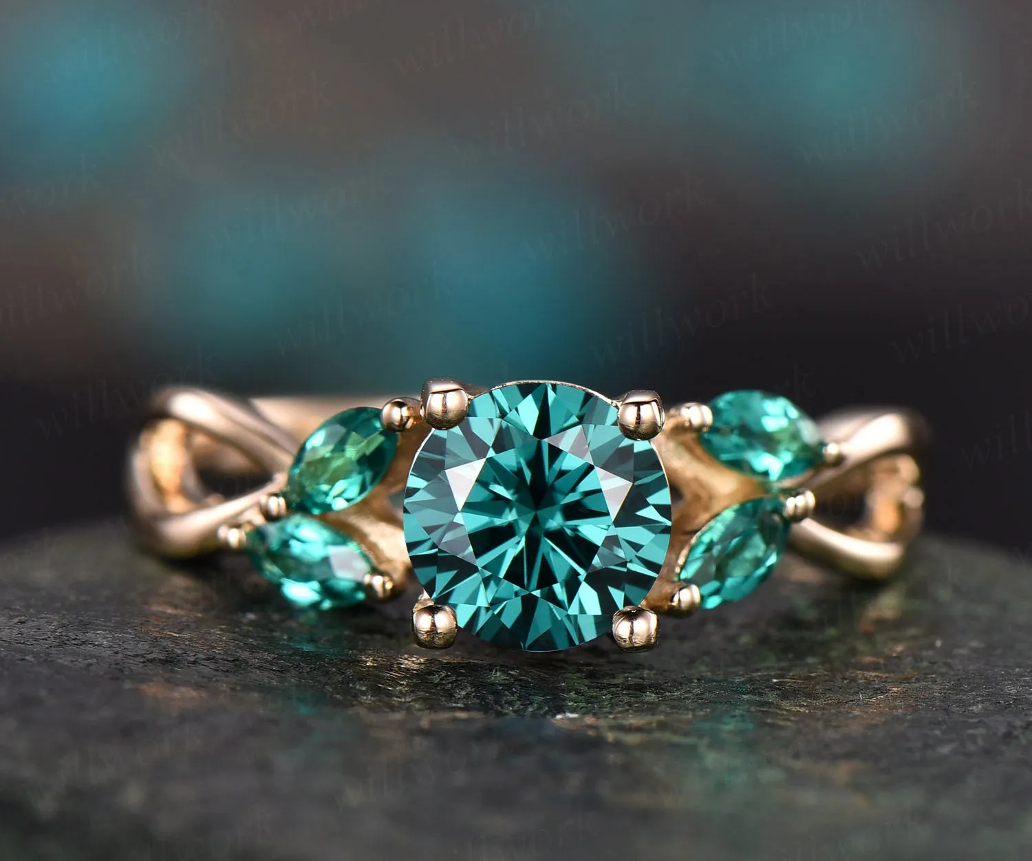 Marquise emerald ring vintage unique 1ct green moissanite engagement ring rose gold Colorful moissanite ring art deco ring antique jewelry sold by Willwork Jewelry product image thumbnail 4