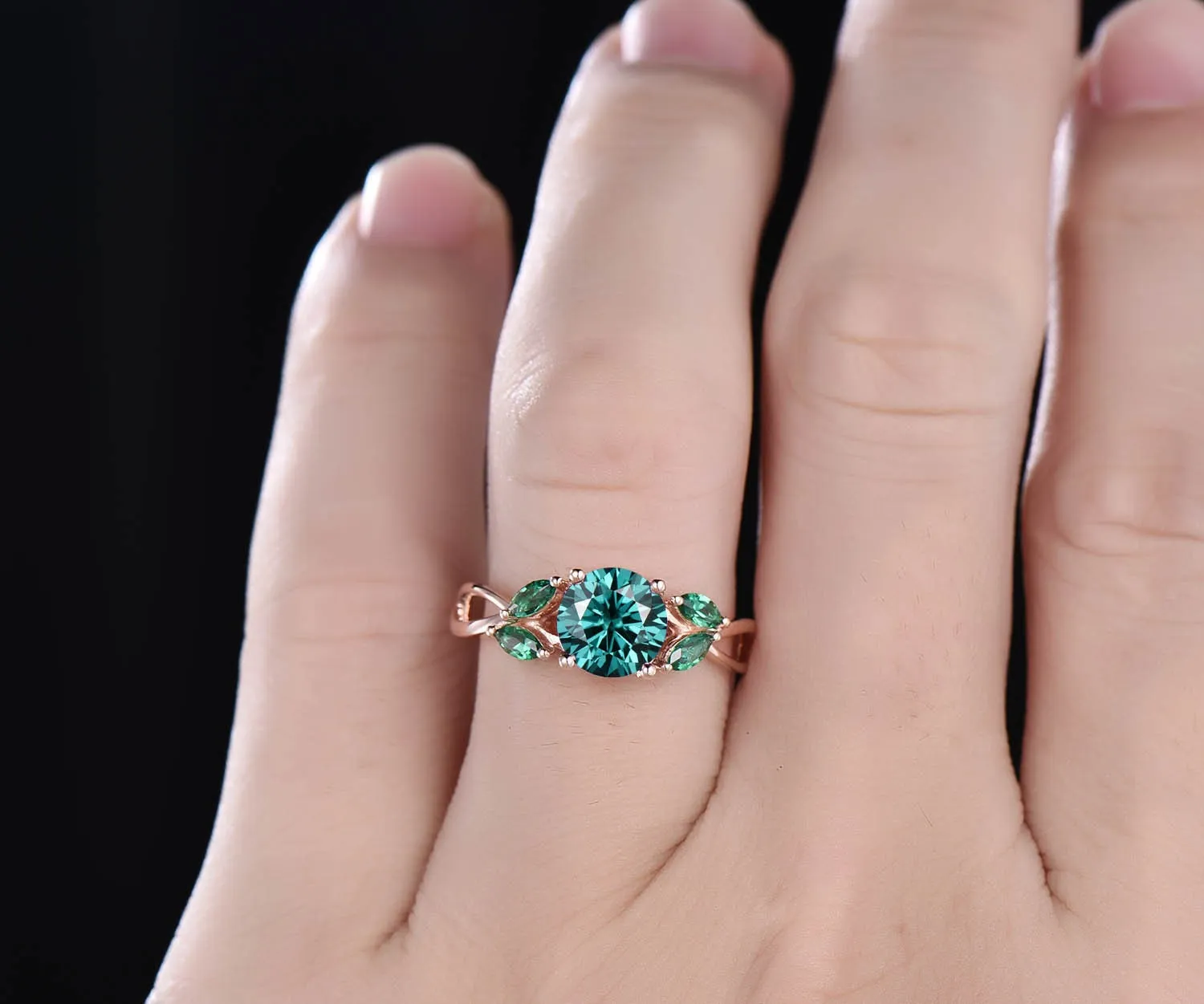 Marquise emerald ring vintage unique 1ct green moissanite engagement ring rose gold Colorful moissanite ring art deco ring antique jewelry sold by Willwork Jewelry product image thumbnail 2