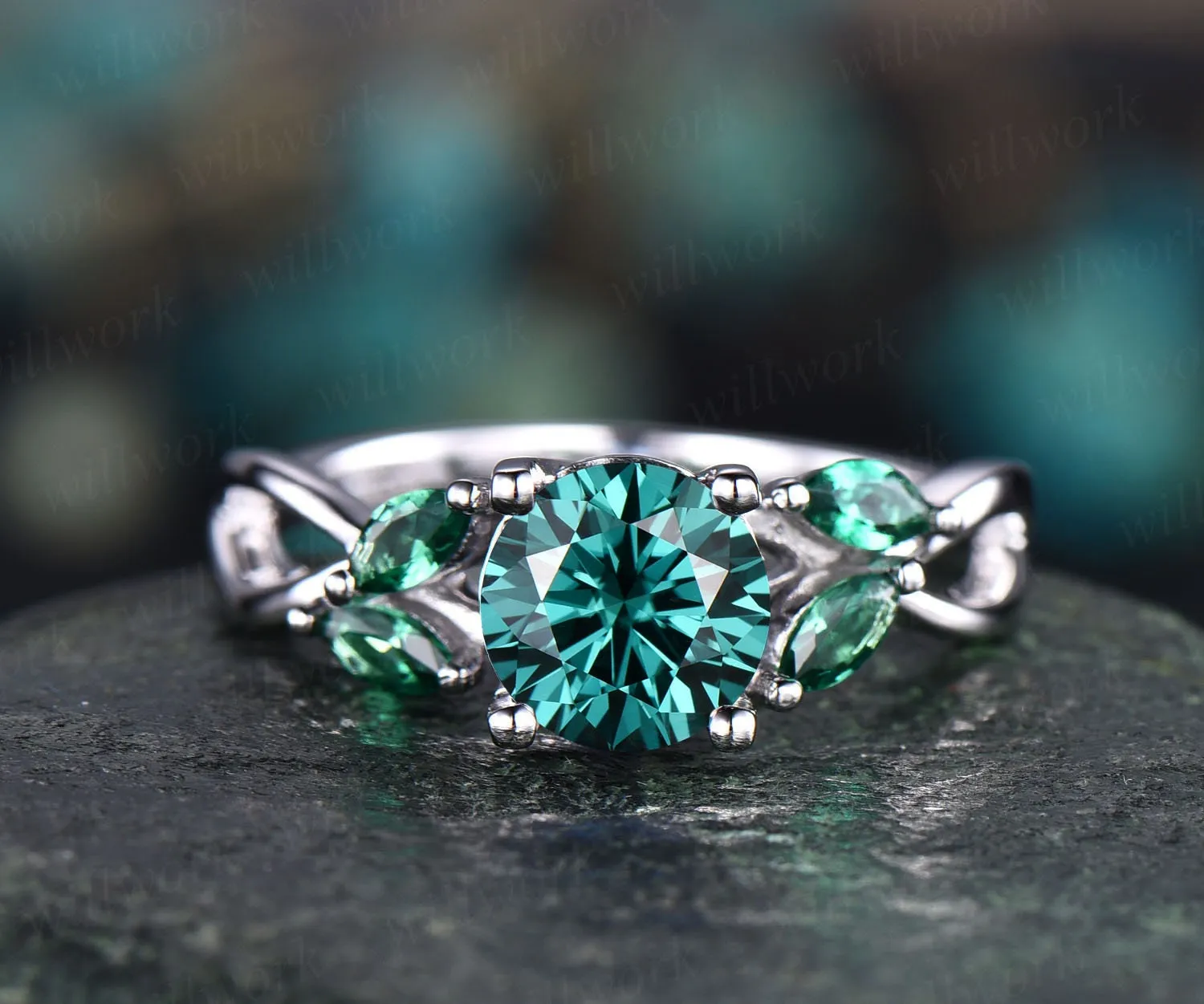 Marquise emerald ring vintage unique 1ct green moissanite engagement ring rose gold Colorful moissanite ring art deco ring antique jewelry sold by Willwork Jewelry product image thumbnail 3