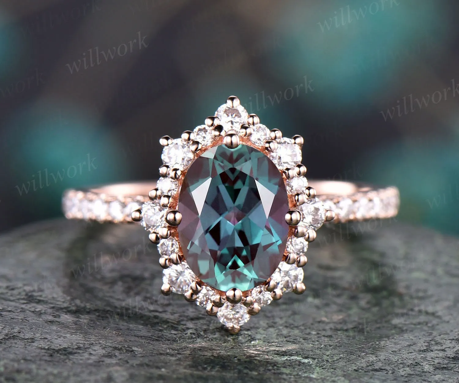 Oval 6x8mm alexandrite rings for women rose gold Vintage Alexandrite engagement ring moissanite halo ring cluster uniuqe ring jewelry gift sold by Willwork Jewelry