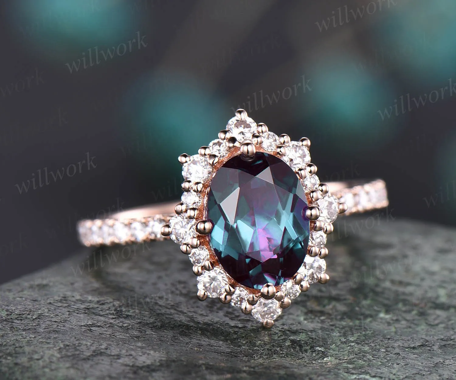 Oval 6x8mm alexandrite rings for women rose gold Vintage Alexandrite engagement ring moissanite halo ring cluster uniuqe ring jewelry gift sold by Willwork Jewelry product image thumbnail 4