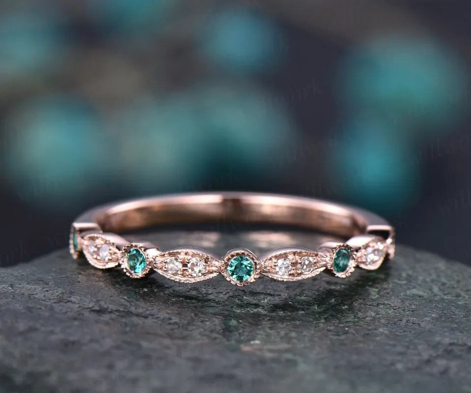 Natural emerald wedding ring band half eternity diamond wedding band 14k rose gold art deco marquise engagement May birthstone promise ring sold by Willwork Jewelry