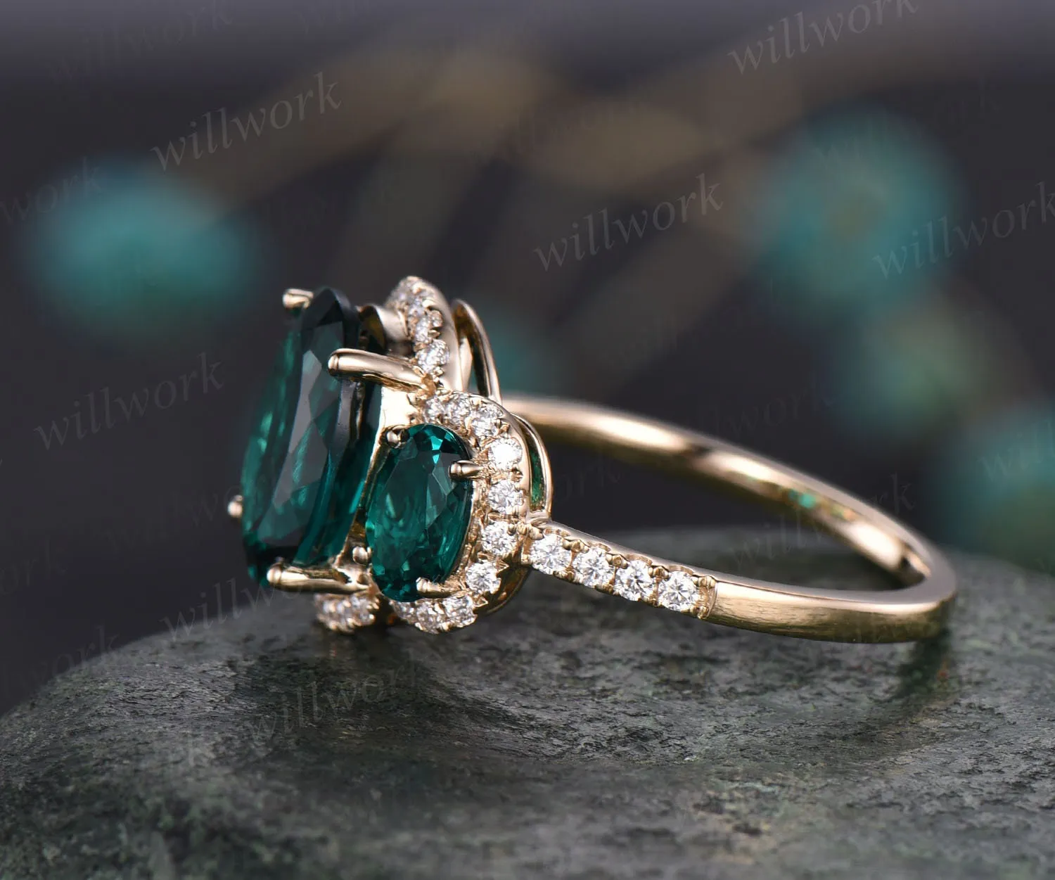 8x10mm oval cut emerald engagement ring vintage emerald ring rose gold halo moissanite bridal May birthstone promise anniversary ring women sold by Willwork Jewelry product image thumbnail 4