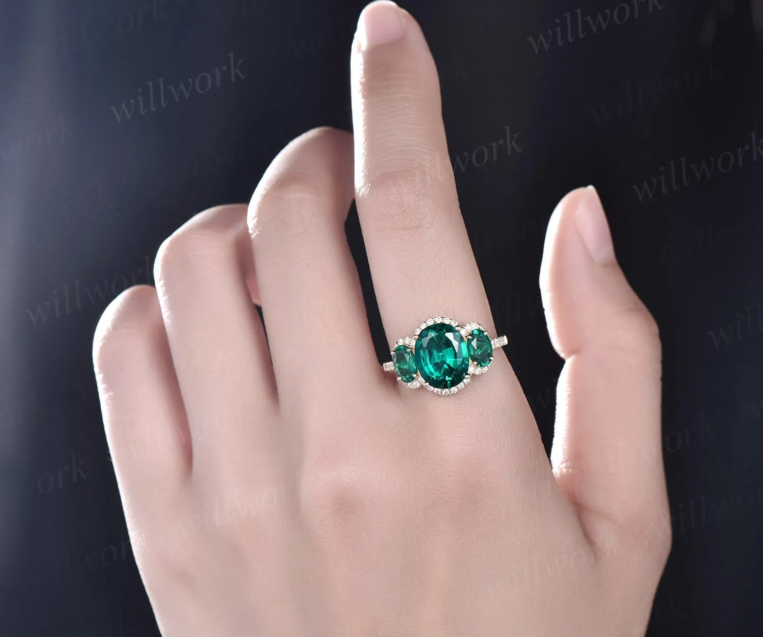 8x10mm oval cut emerald engagement ring vintage emerald ring rose gold halo moissanite bridal May birthstone promise anniversary ring women sold by Willwork Jewelry product image thumbnail 2