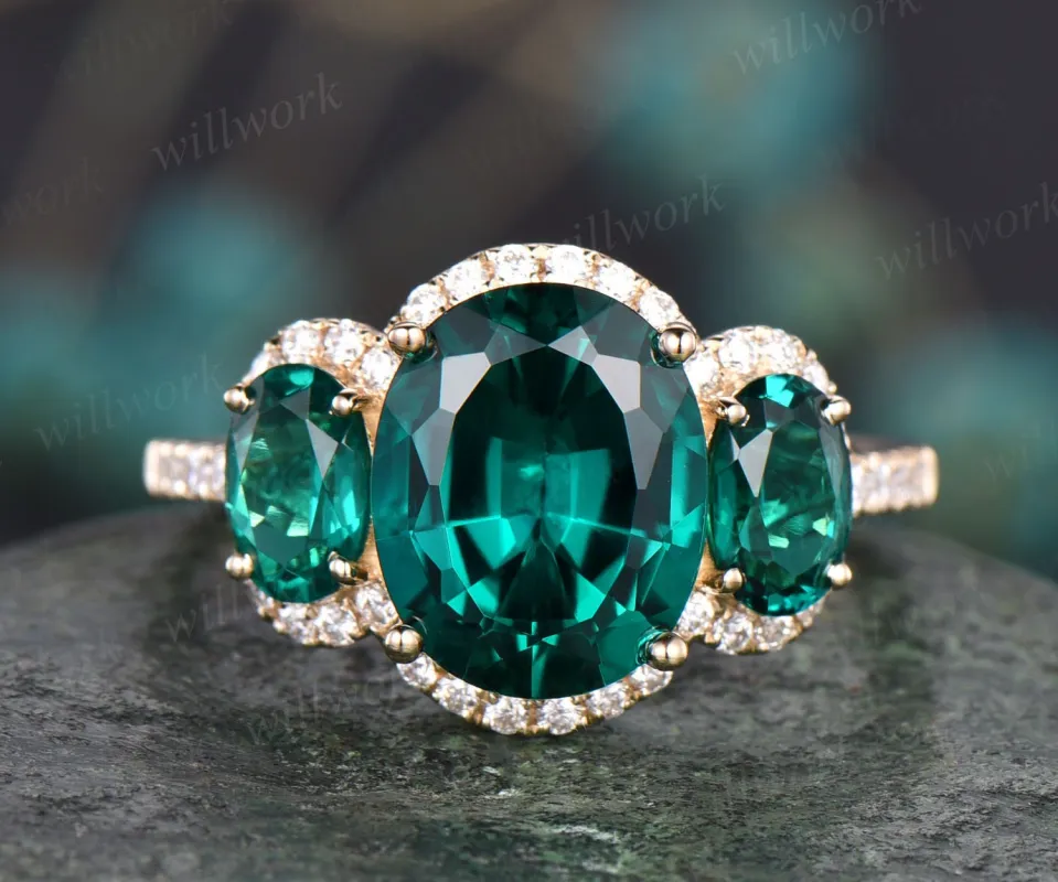 8x10mm oval cut emerald engagement ring vintage emerald ring rose gold halo moissanite bridal May birthstone promise anniversary ring women sold by Willwork Jewelry
