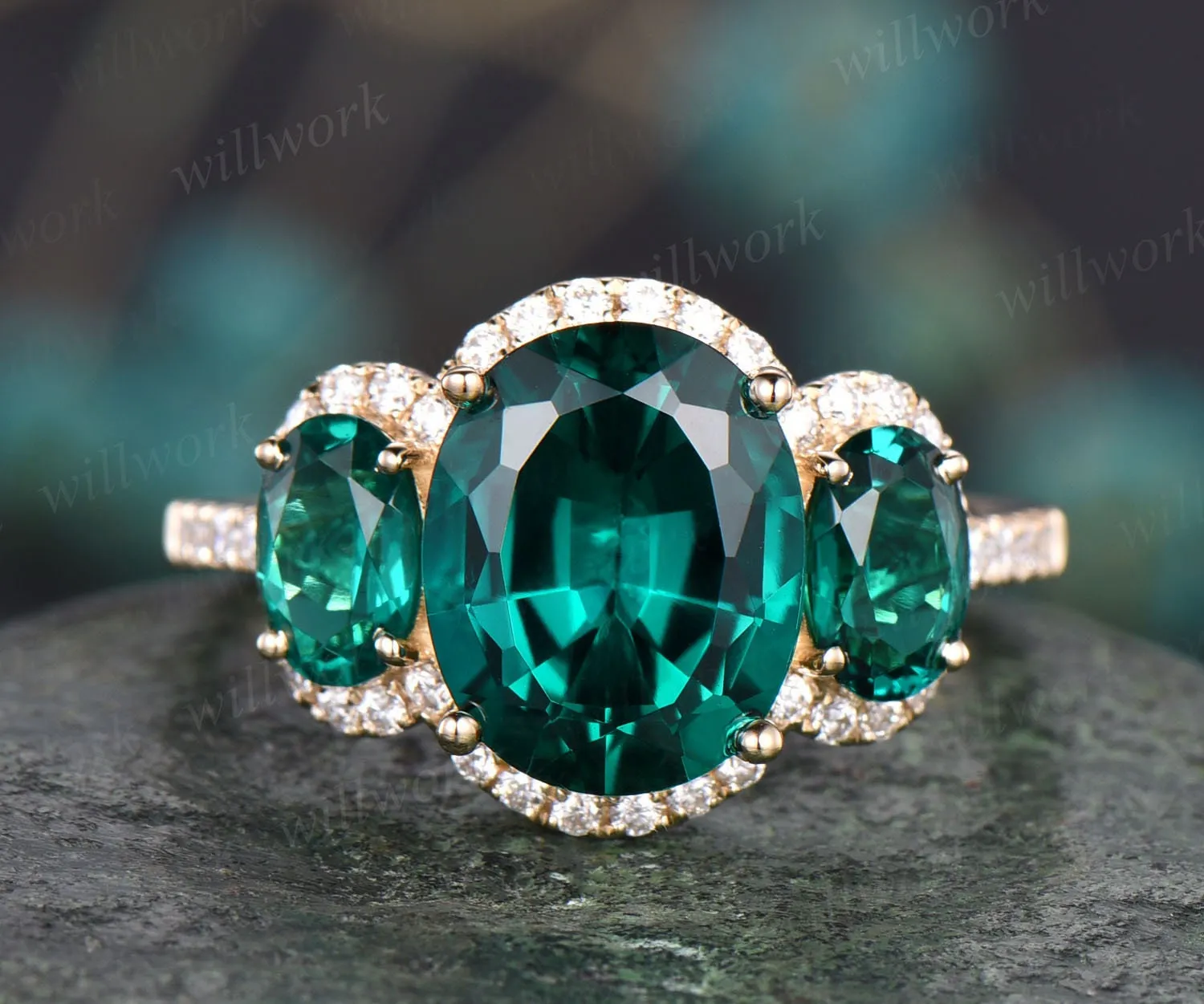 8x10mm oval cut emerald engagement ring vintage emerald ring rose gold halo moissanite bridal May birthstone promise anniversary ring women sold by Willwork Jewelry