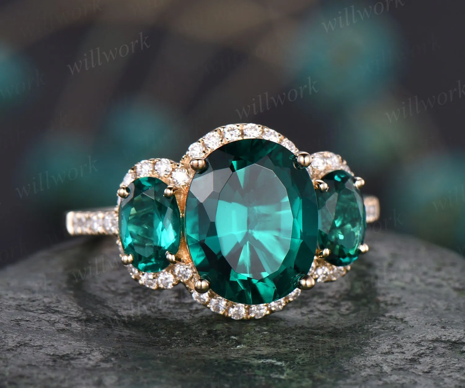 8x10mm oval cut emerald engagement ring vintage emerald ring rose gold halo moissanite bridal May birthstone promise anniversary ring women sold by Willwork Jewelry product image thumbnail 3