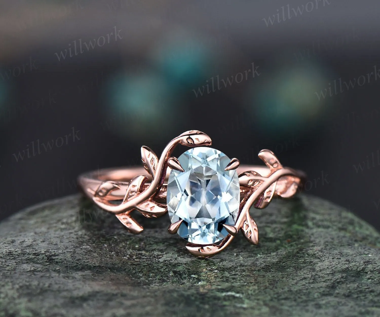 Oval cut aquamarine engagement ring 14k rose gold art deco solitaire leaf flower nature inspired engagement ring March birthstone ring women sold by Willwork Jewelry